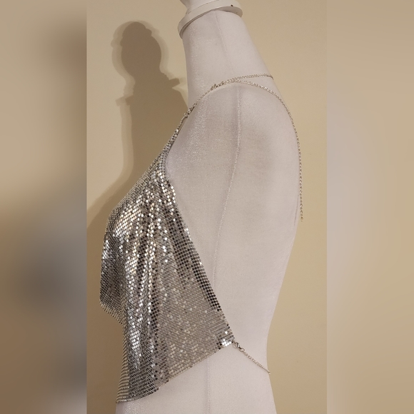Sexy Silver Halter Chain Crop Top Adjustable Chains around the neck and waist - Picture 7 of 10
